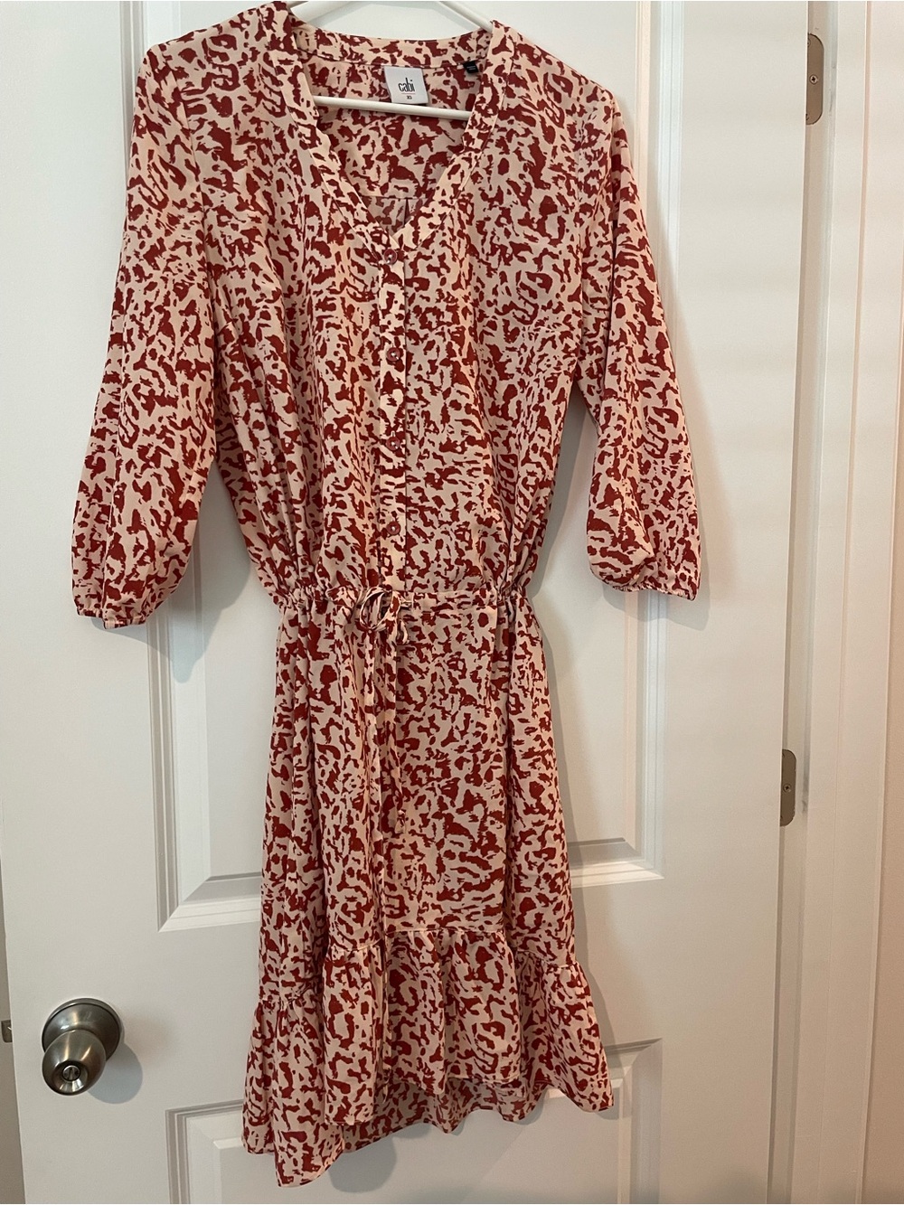 CAbi Sienna Red and Cream Printed Tie-Waist Midi Dress